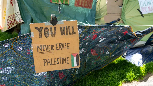 Student movement protest poster during student Israeli Palestinian conflict demonstrations at Harvard University